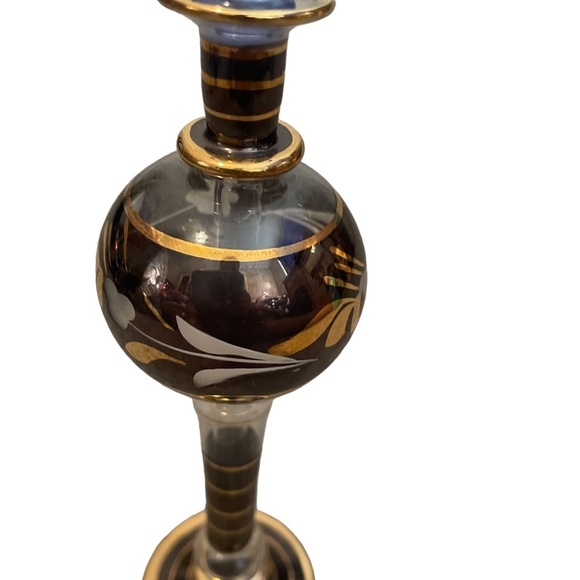 Egyptian Glass Gold Accent Perfume Bottle Mouth Blown With Stopper - Picture 2 of 8